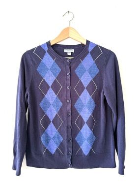 Croft & Barrow Navy Argyle Cardigan Sweater Purple Diamond Preppy Dark Academia